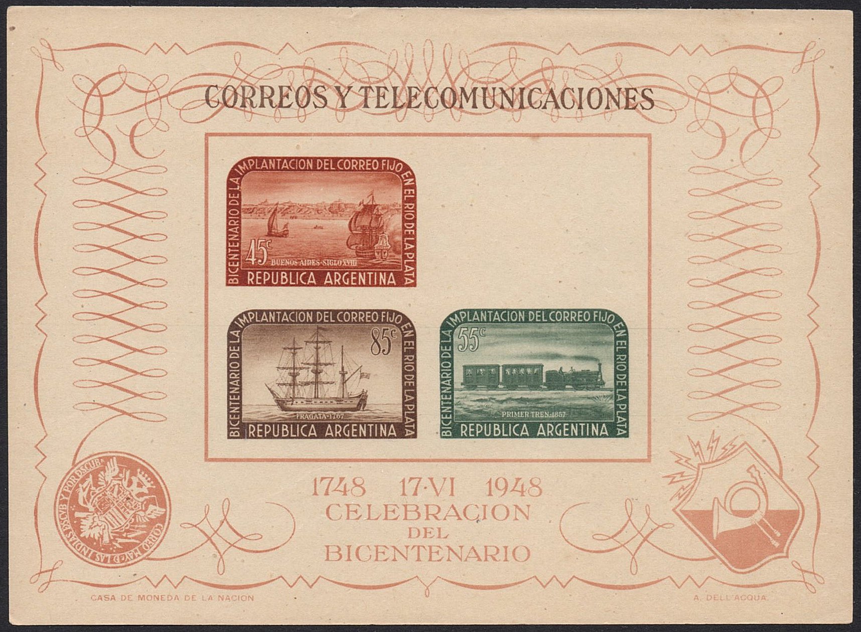 Argentina sellos 1948 Bicentenary of Rio de la Plata Postal Service issued souvenir sheet steam train missing 15c Stage Coach